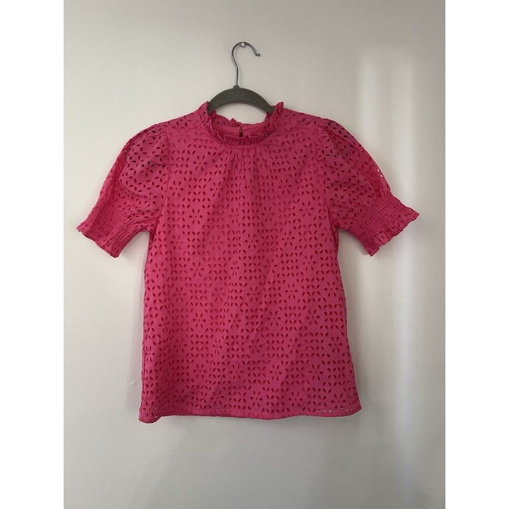 J.CREW Hot Pink Eyelet Smocked Short Sleeve Blouse Size xxs Ruffle 100% Cotton